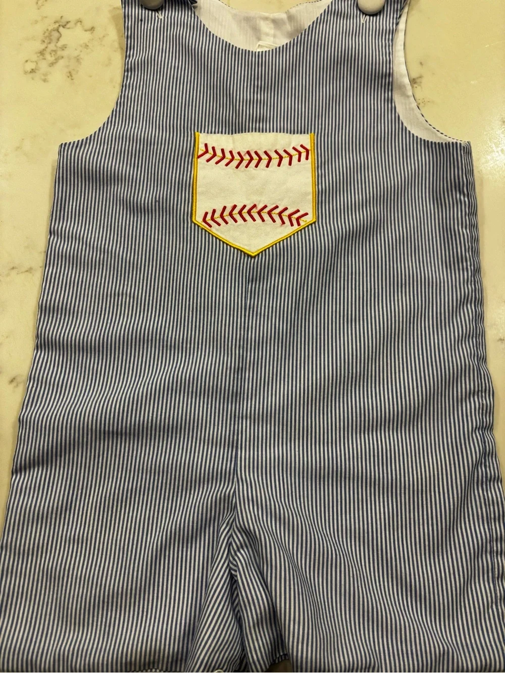 Blue & White Pinstripe Baby Romper Smock ⚾️ with Baseball Patch ⚾️